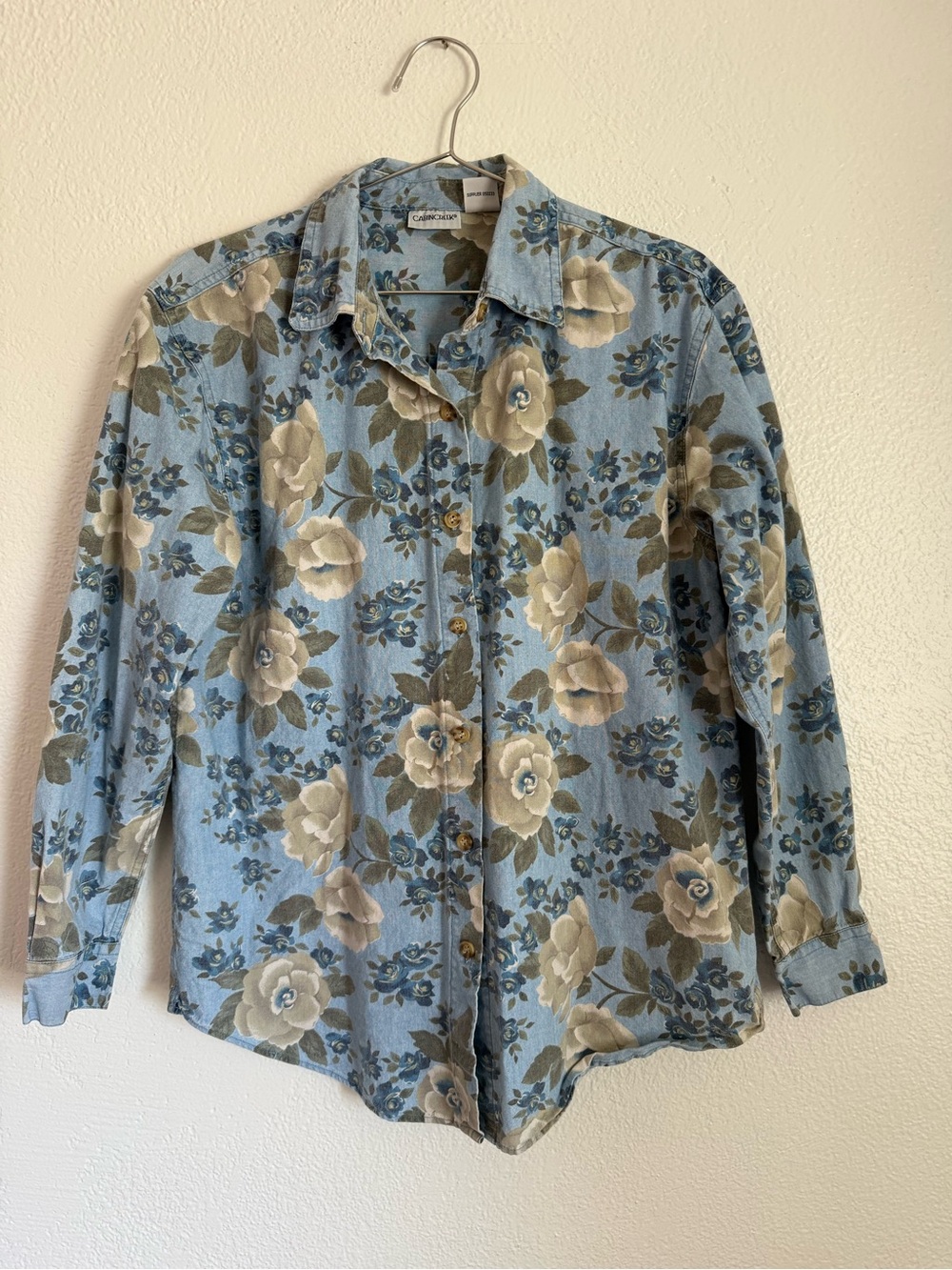 Cabin Creek Vintage Womens Small Floral Denim Button Down Shirt BlueCream Cotton
